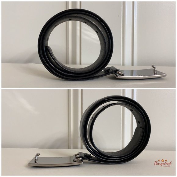 Authentic PRADA Black Patent Leather Silver Pony Buckle Logo Belt Size 34/85 - Picture 10 of 12